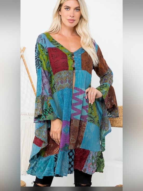 Kathmandu Imports Dresses & Skirts - Boho Patchwork V-Neck Long Sleeve Jacket in Teal and Navy